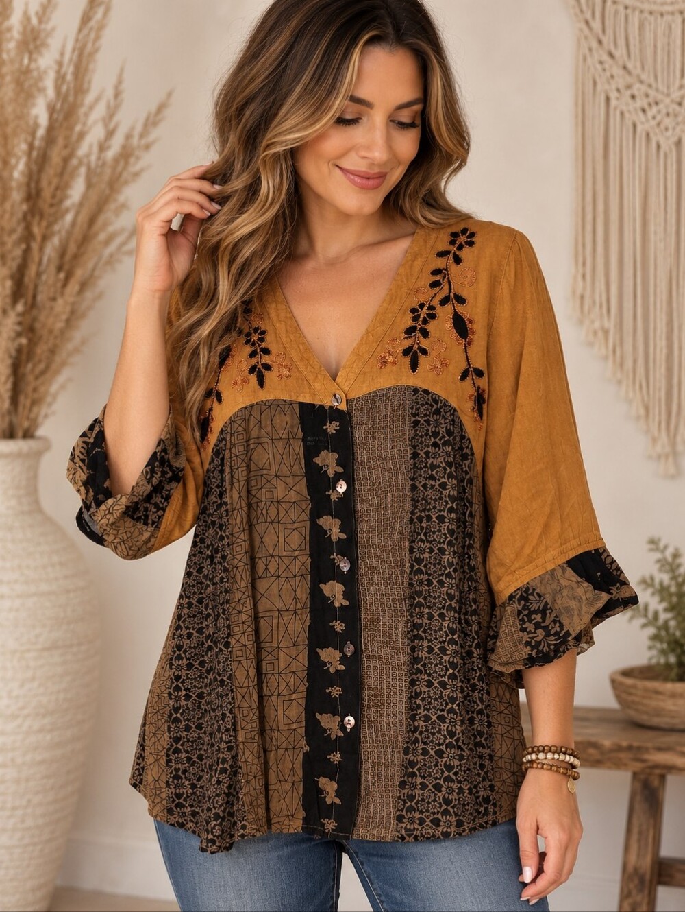 473.Boho Embroidered V-Neck Button Front Top - Mustard